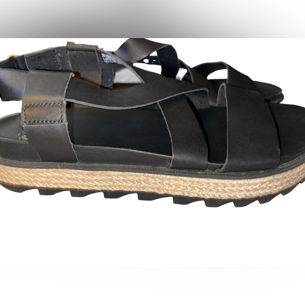 Sorel Roaming Criss Cross Black Leather Jute Ankle Strap Platform Sandal 9 - Picture 5 of 9